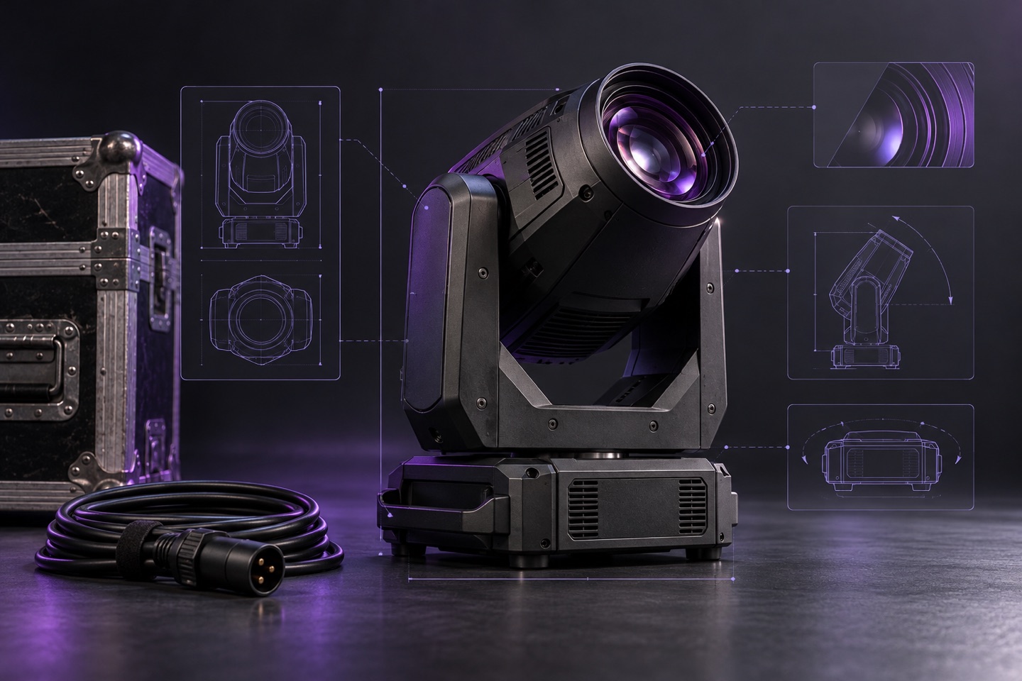 Stage fixture with violet technical linework illustrating equipment research.