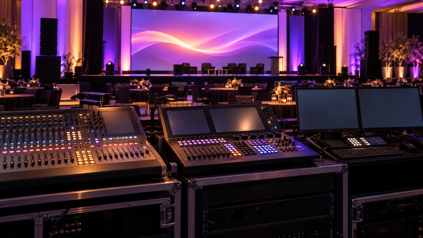 Professional audiovisual control equipment prepared for an event.