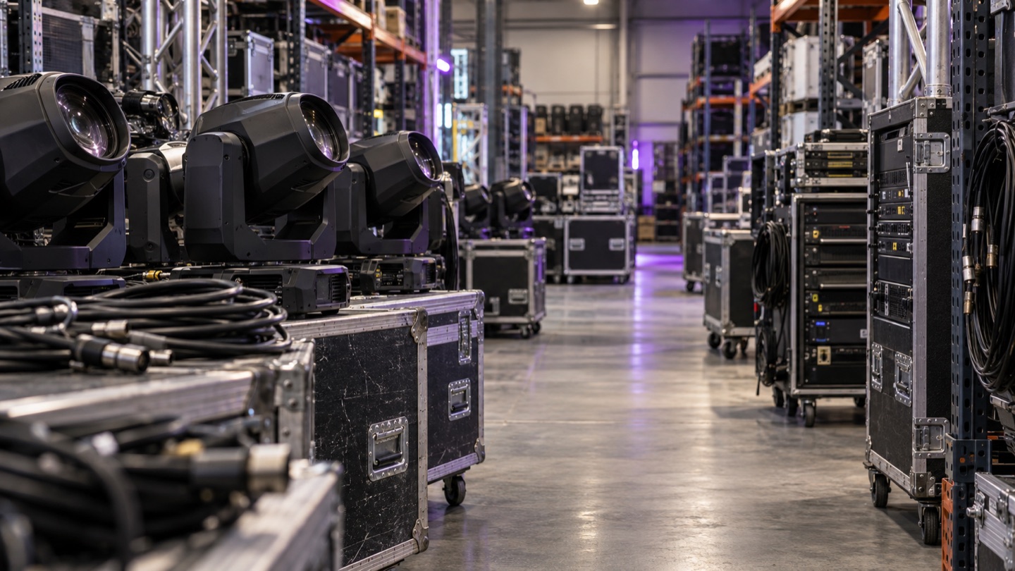 Equipment rental warehouse with individual fixtures, flight cases, racks, and cables.