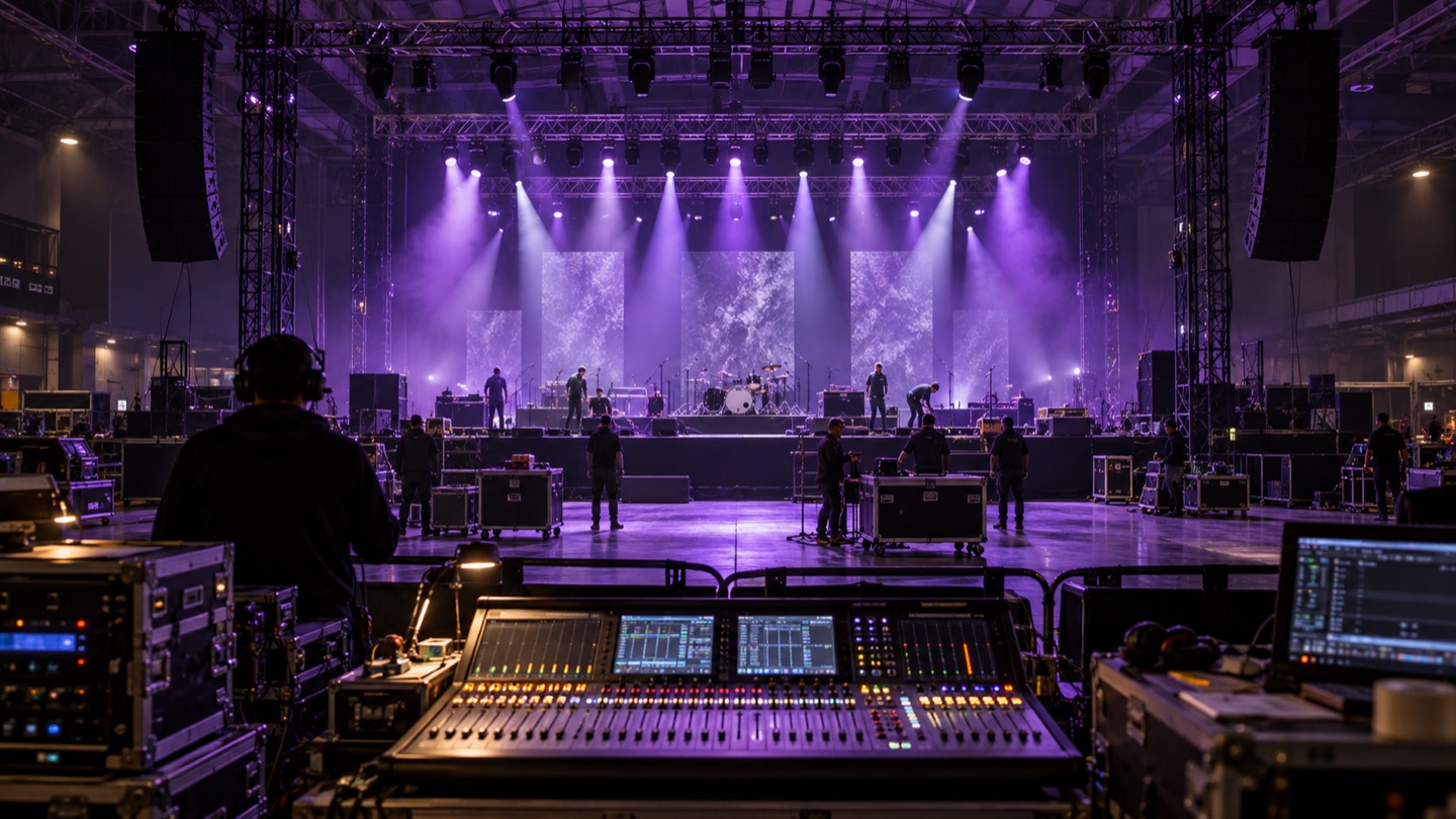 Illustrative live-event production setup with violet lighting, crew, and a sound console.
