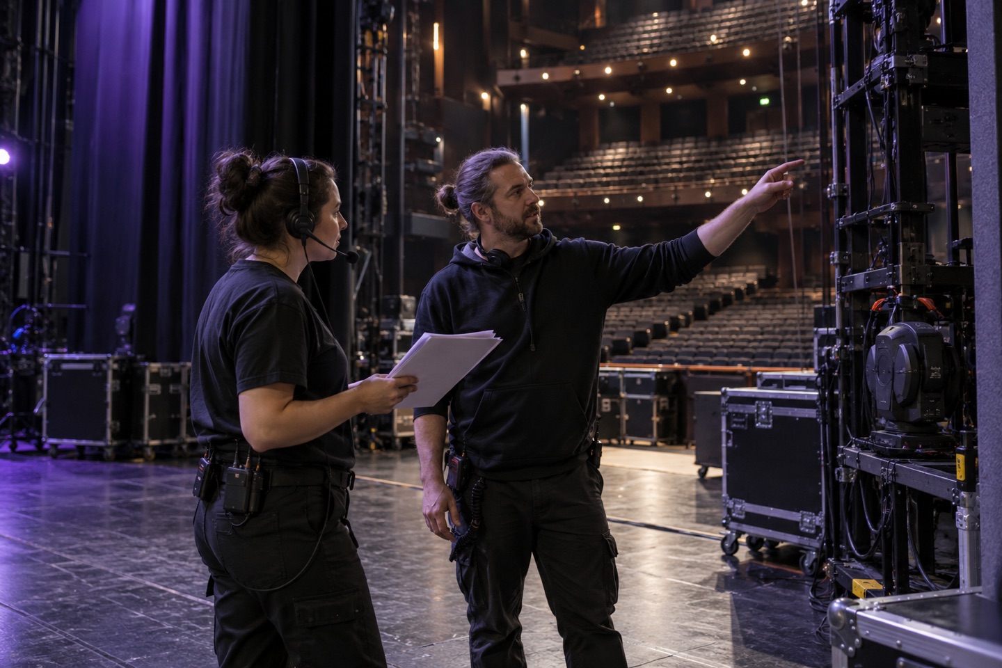 Production coordinator and technician discussing preparations backstage in a theater.