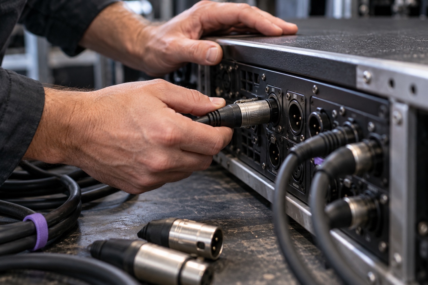 Technician checking professional audio connections at a service bench.