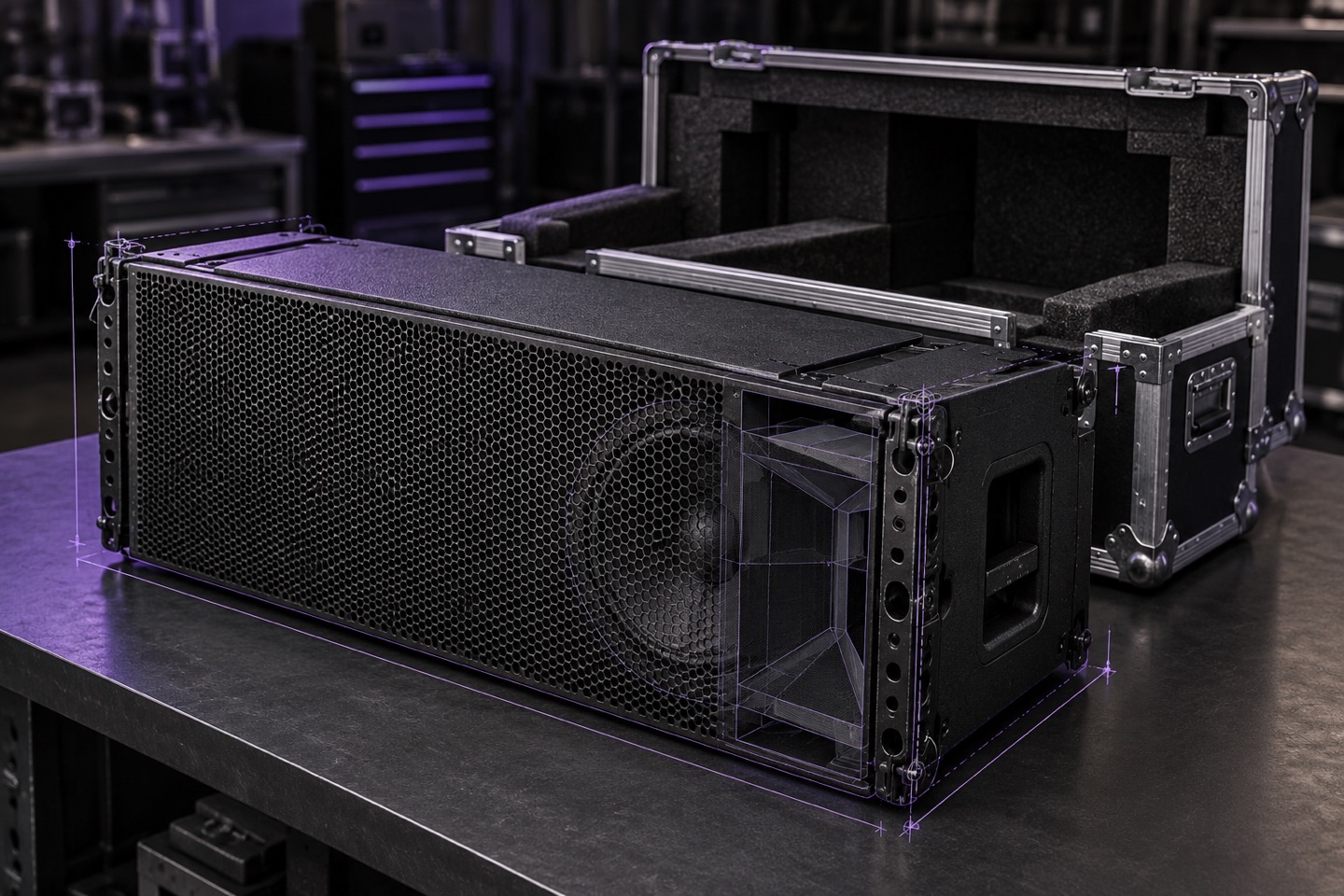 Professional loudspeaker with technical linework illustrating AI equipment research.