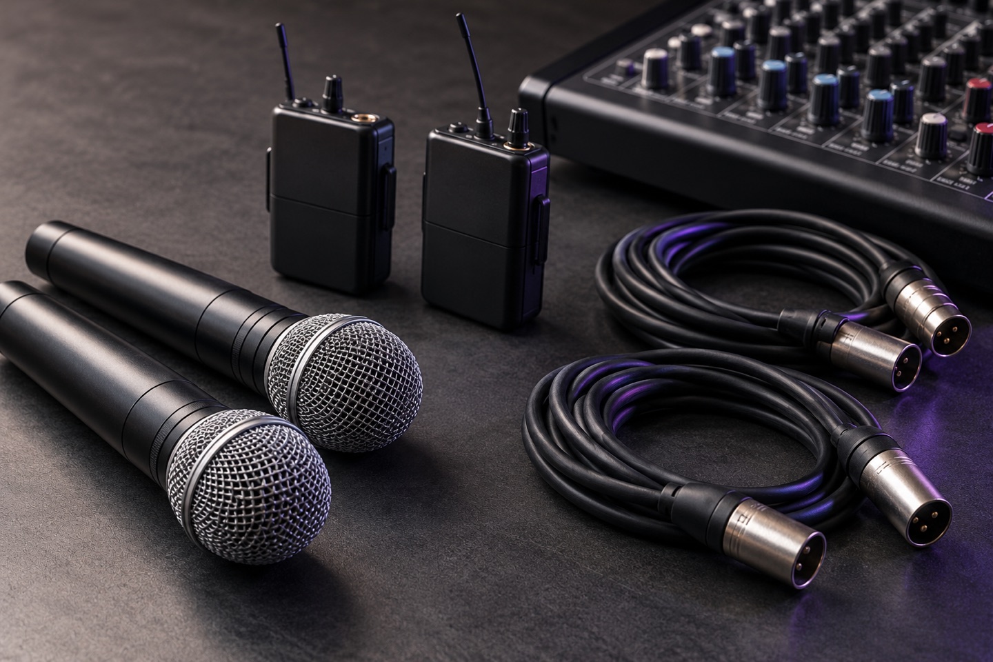 Microphones, wireless audio equipment, and cables arranged as an event audio kit.