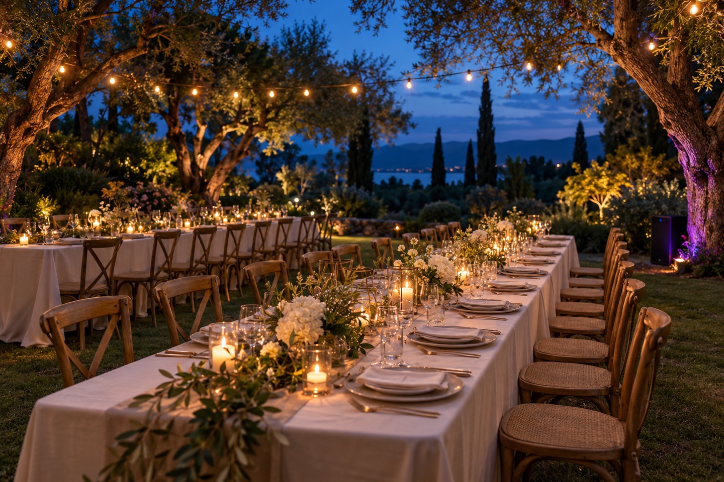 Outdoor garden reception prepared with tables and evening lighting.