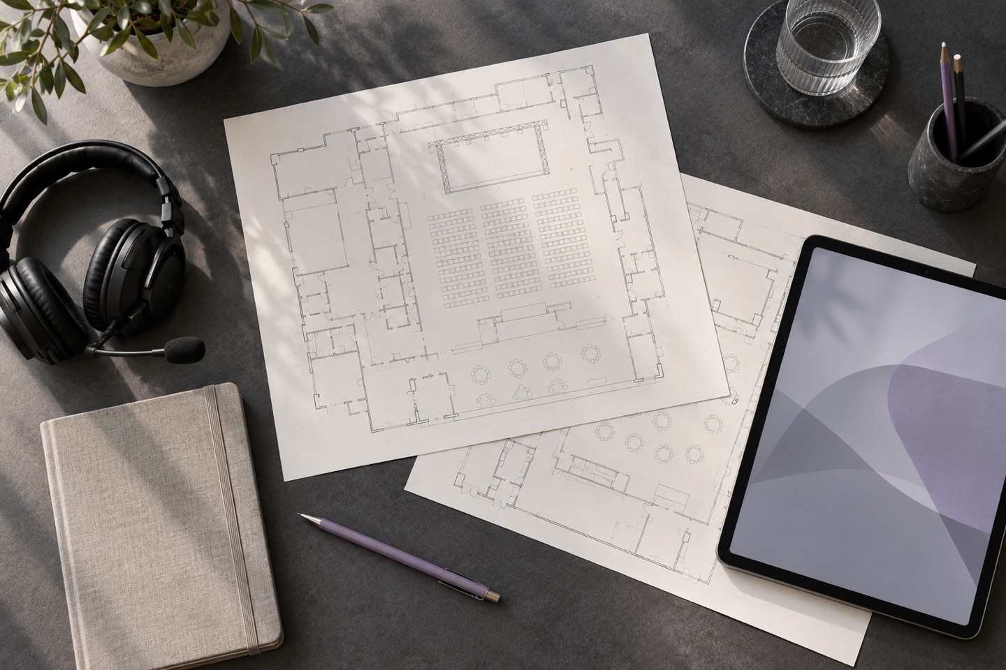 Overhead event planning desk with venue floorplans, a headset, and project materials.