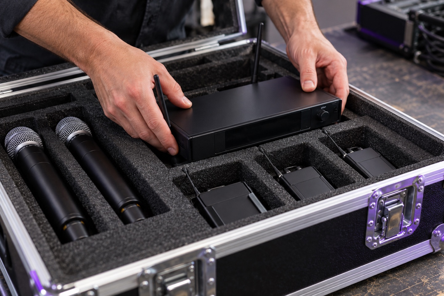 Technician preparing wireless audio equipment in protective flight cases.
