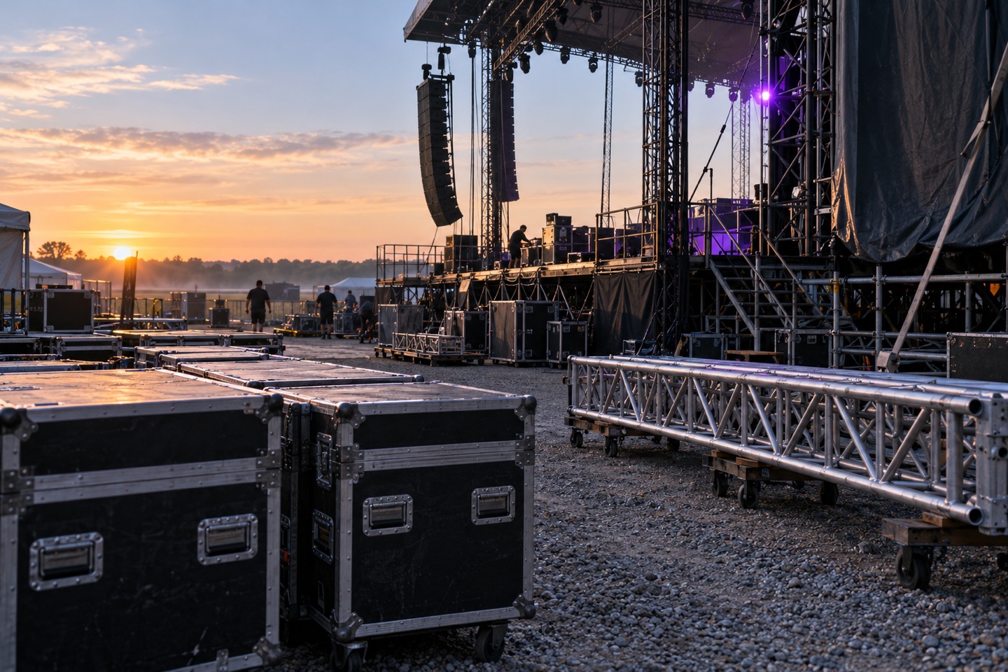 Outdoor touring stage infrastructure and truss during early-morning preparation.