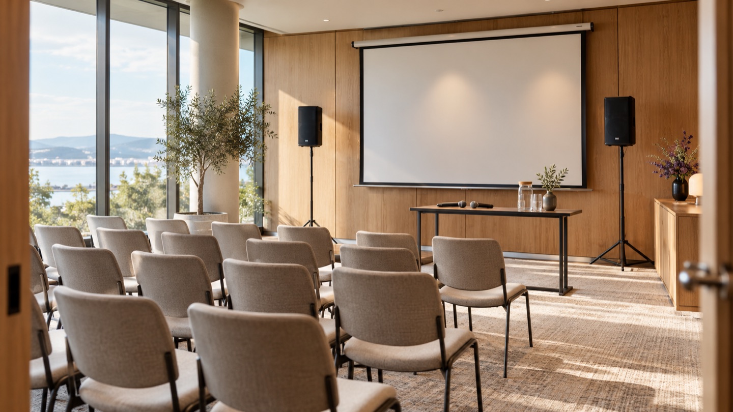 Modern conference room prepared with presentation equipment and microphones.