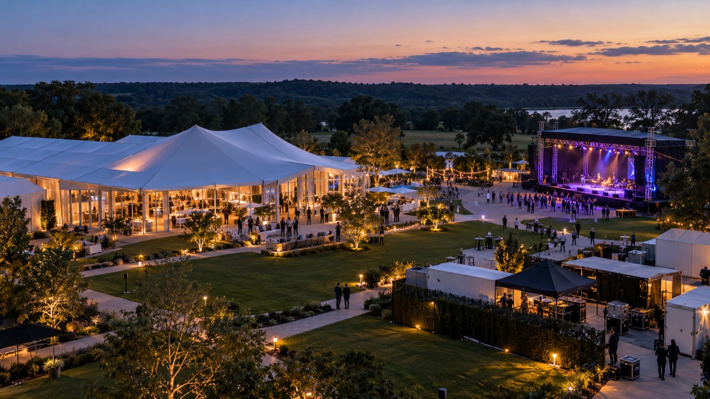 Outdoor event campus with a pavilion, stage, and production infrastructure at twilight.