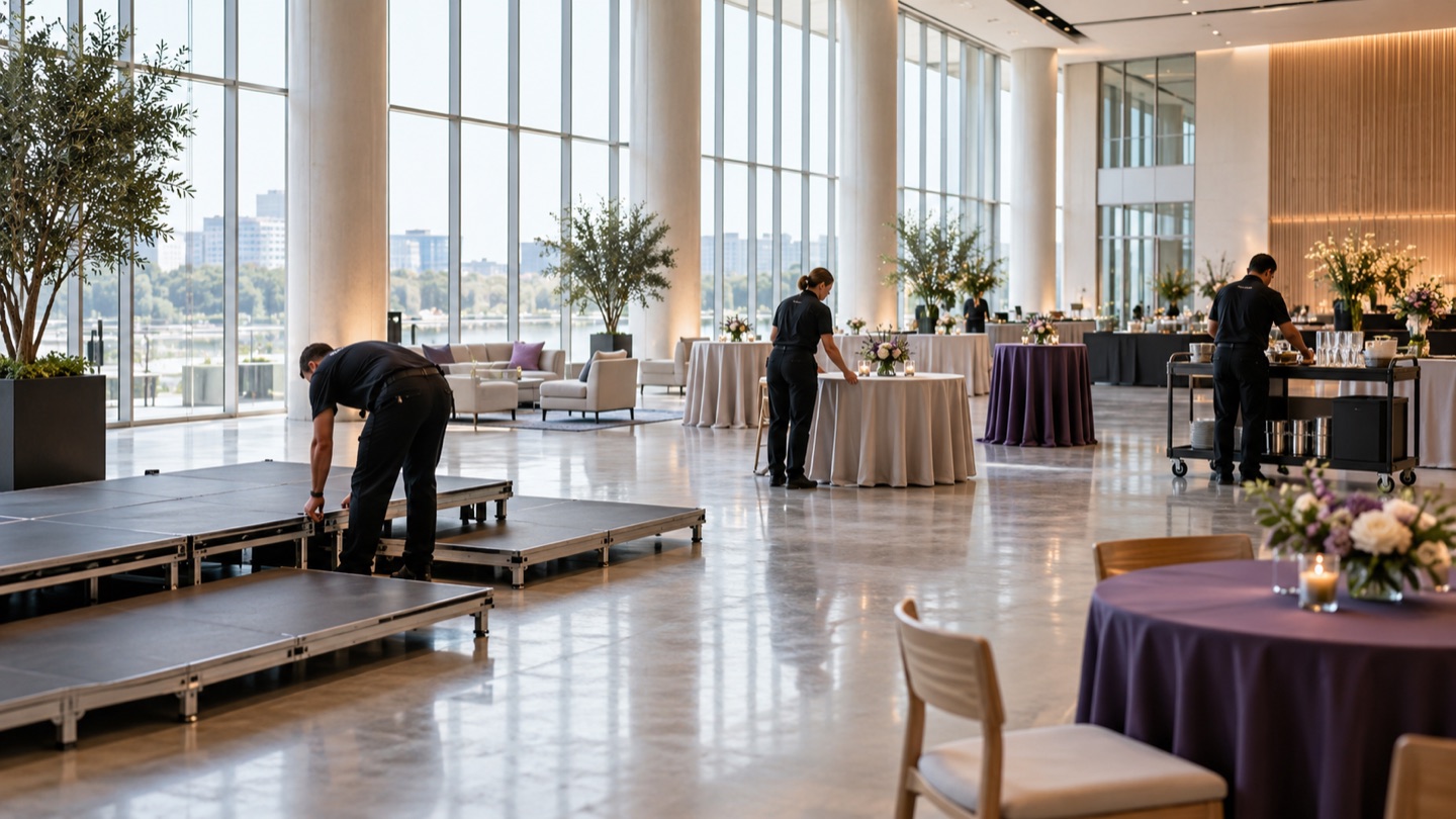 Event team preparing a modern hospitality and event service space.