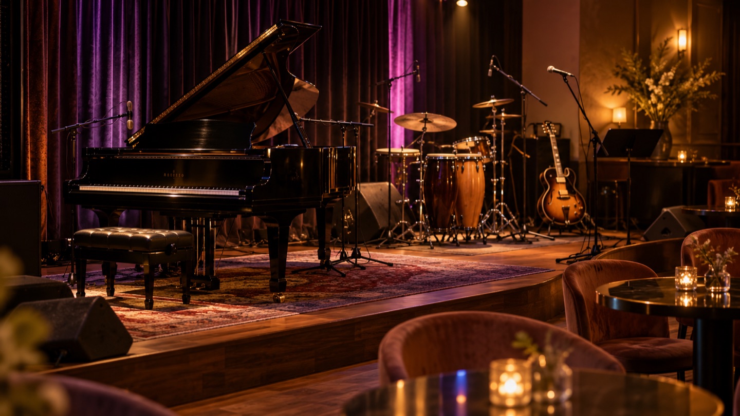 Intimate live entertainment venue with instruments prepared for soundcheck.