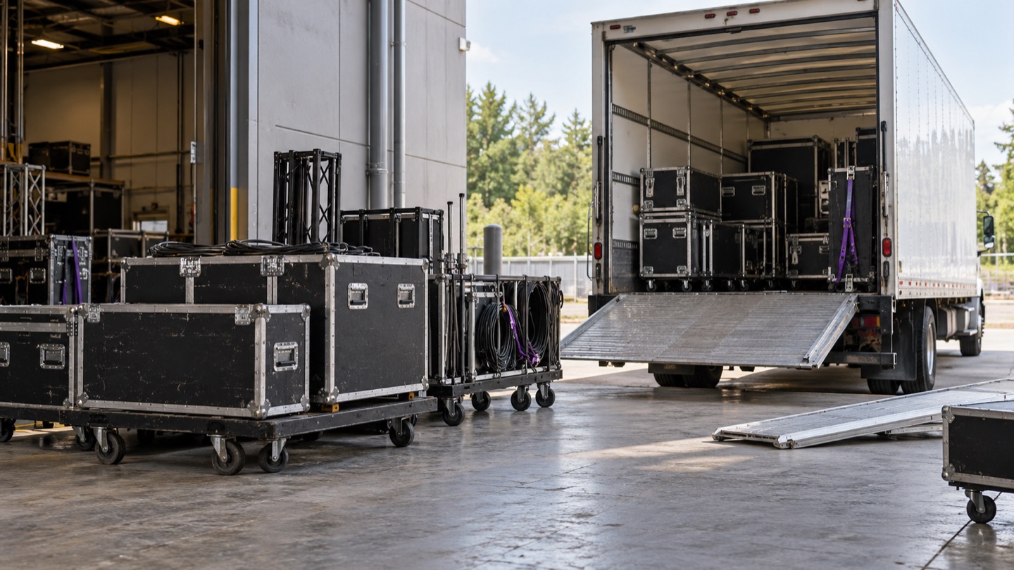 Rental equipment cases and carts staged for dispatch at a loading bay.