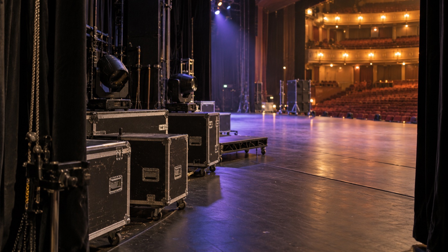 Touring rehearsal setup viewed from the side of a theater stage.