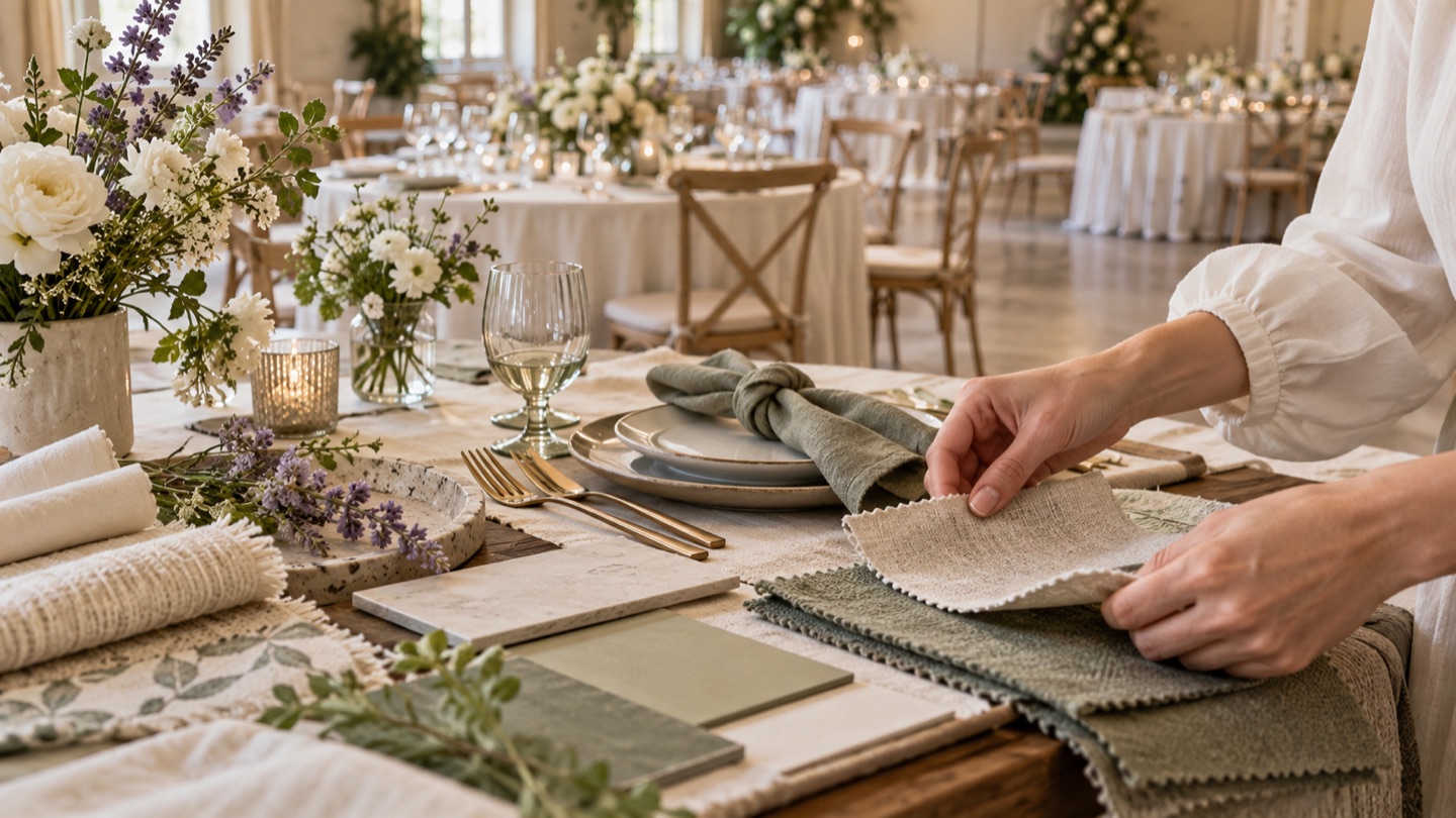 Wedding planning materials, place settings, and floral details on a planning table.