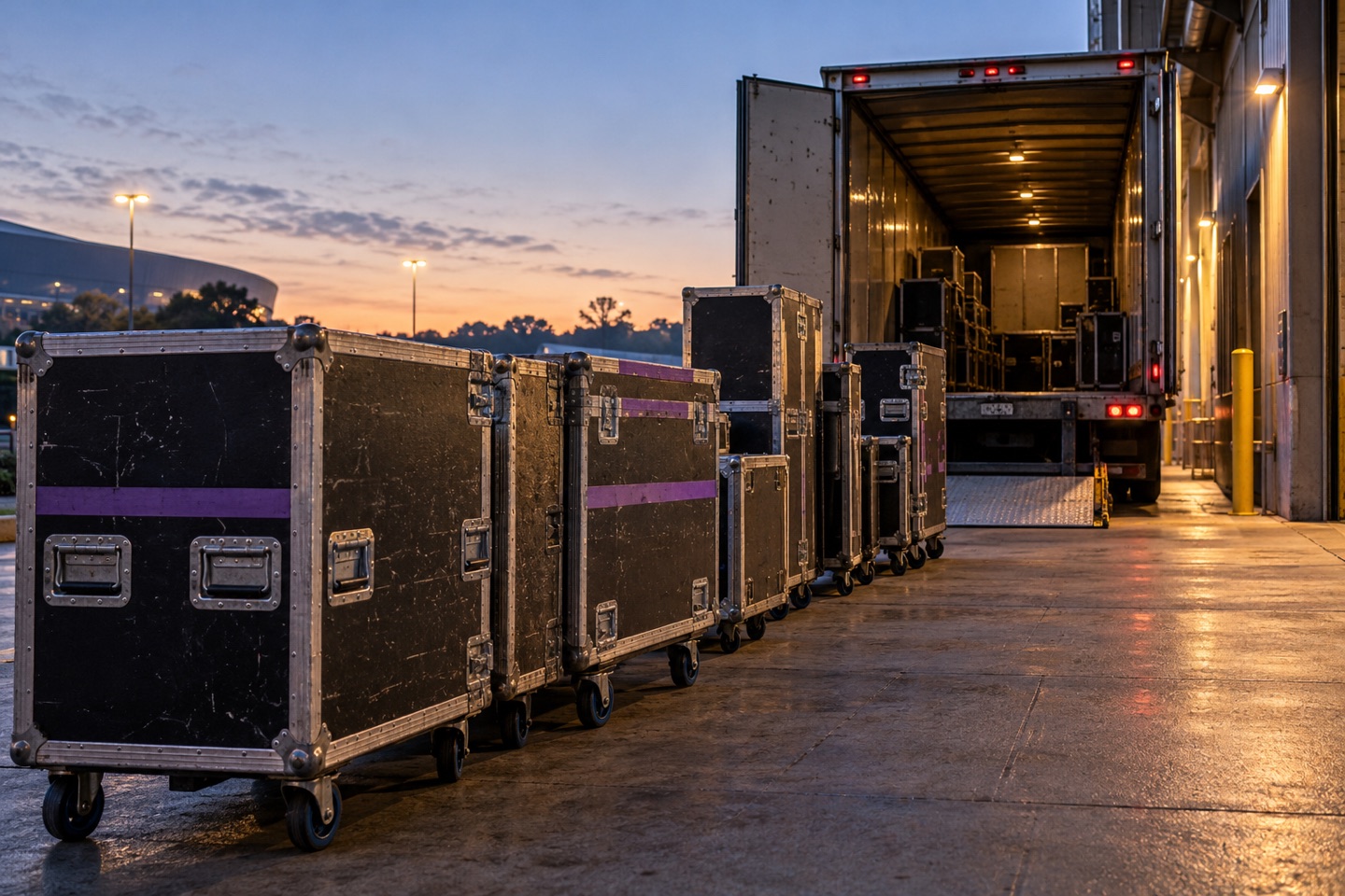 Touring equipment cases beside a truck at a venue loading dock.