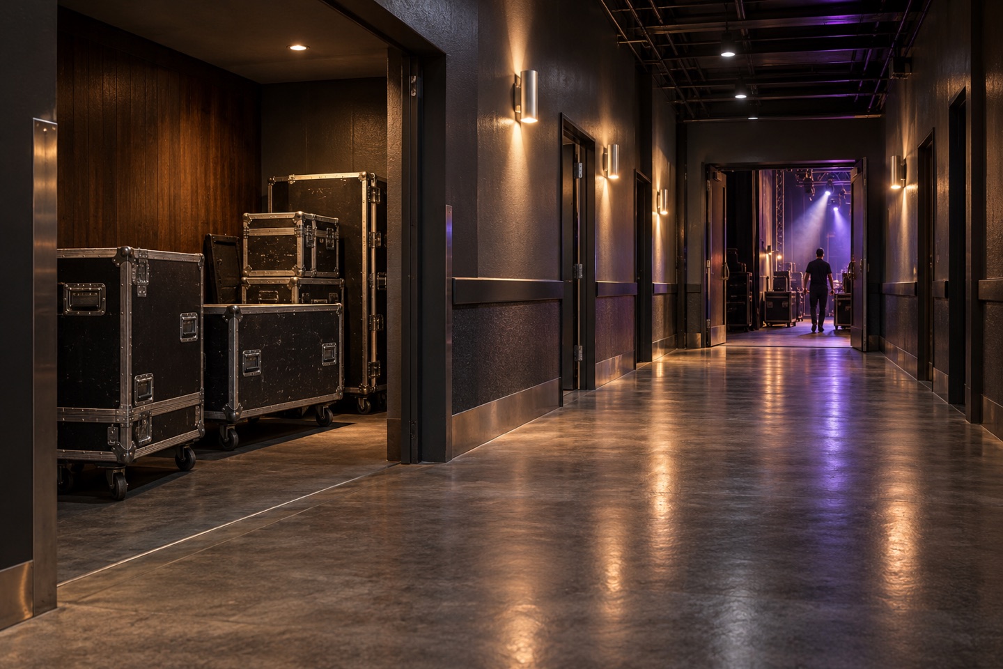 Venue service corridor with equipment cases leading toward stage access.