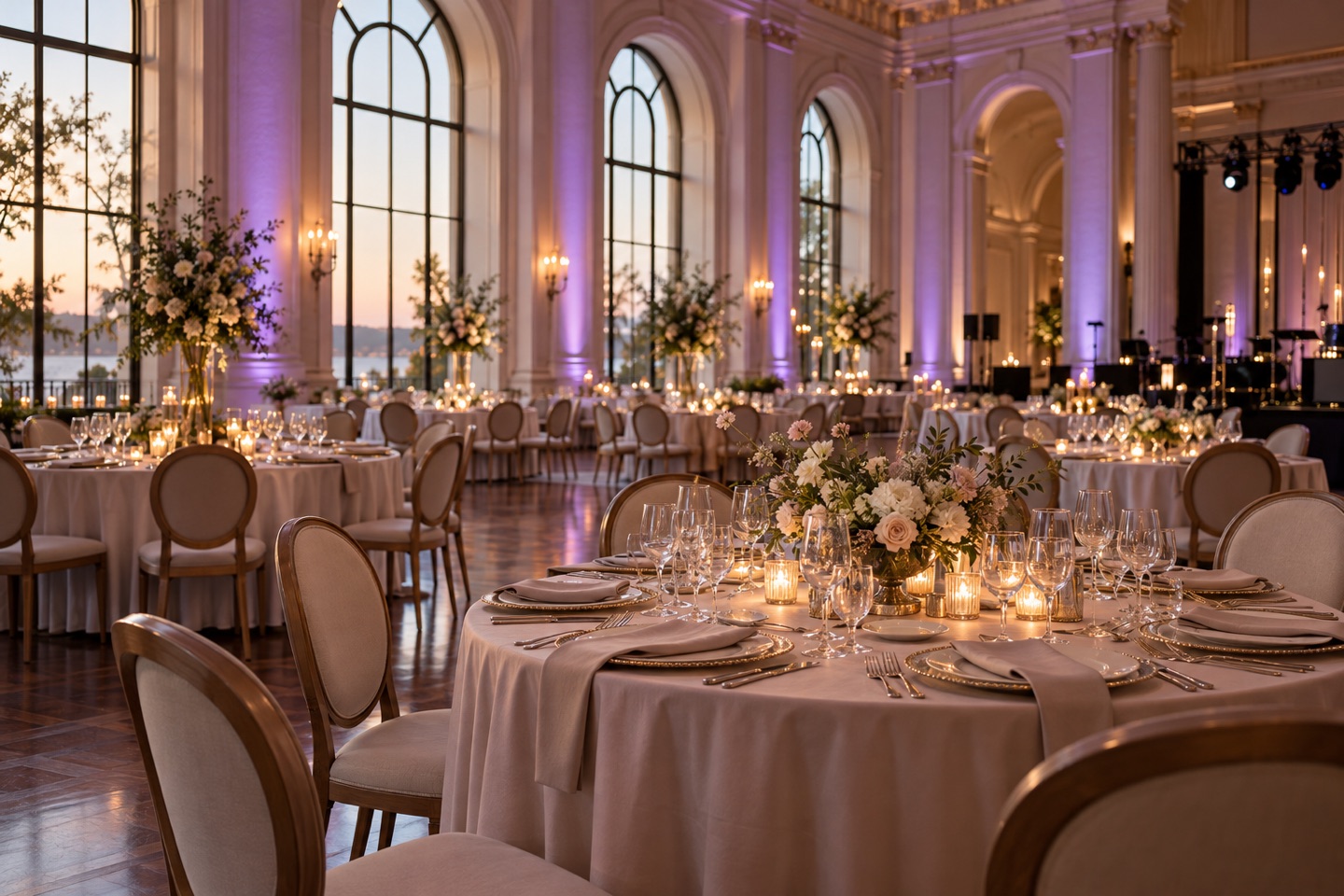 Wedding reception setting with arranged tables and event lighting.